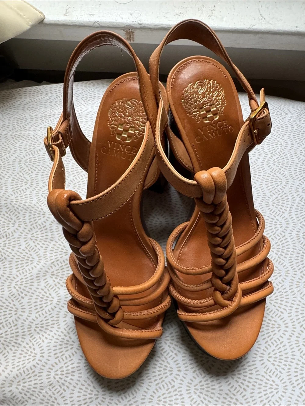 Braided Leather Slingback Heels in Tan